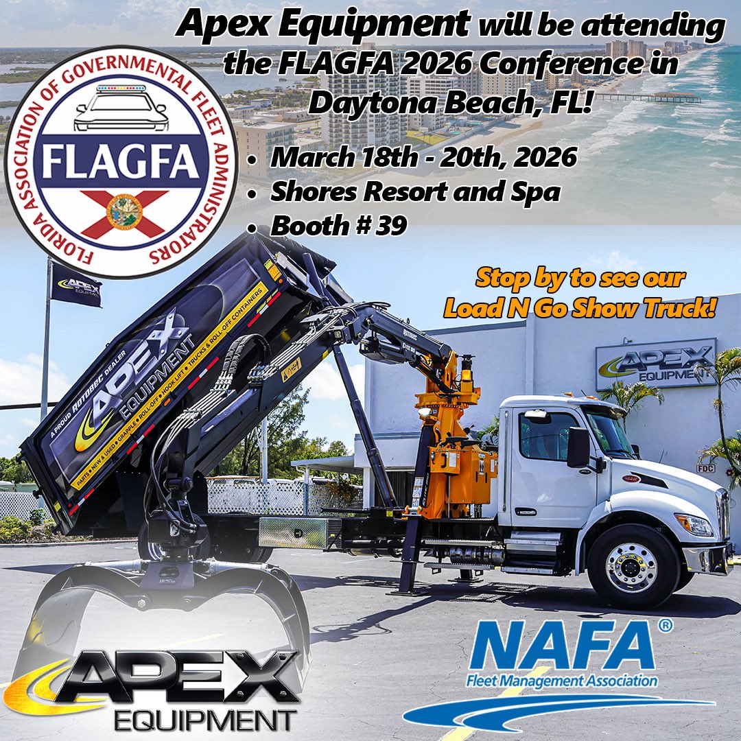🚛 Apex Equipment is heading to the FLAGFA 2026 Conference!
Join us March 18th–20th at The Shores Resort &amp; Spa in Daytona Beach Shores, FL as we attend the Florida Association of Governmental Fleet Administration (FLAGFA) Conference. ⭐