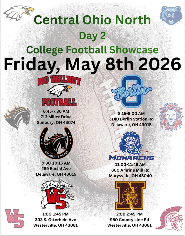 beaudrake9's tweet photo. Upcoming Big Walnut Football College Football Showcase May 8th 6:45 AM @ 713 Miller Dr. Sunbury OH 43074 https://t.co/A8Giv3VWoa