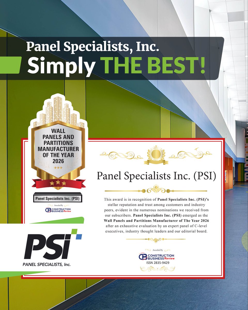 We’re proud to announce that Panel Specialists, Inc. has been recognized as the Wall Panels and Partitions Manufacturer of the Year 2026 by Construction Business Review Europe!

For more information, please contact us at:
+1 800 947 9422
info@panelspec.com
