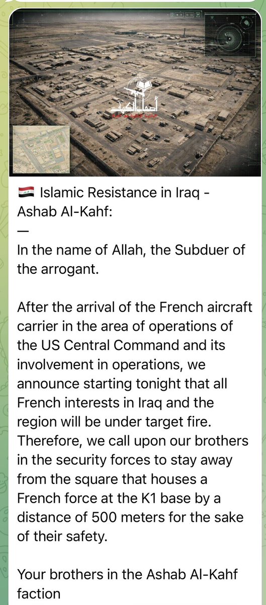 dimitrilascaris's tweet photo. Yesterday, the Islamic Resistance in Iraq warned that French soldiers in the country would be targeted.

Today, Washington’s French poodle confirmed that a French officer was killed and several French soldiers wounded in an attack in Iraq.

#France #Iran #Iraq https://t.co/wvfcfmQAER