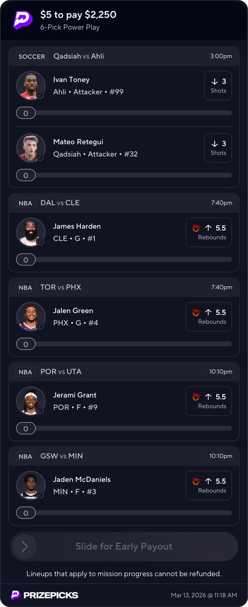 #Prizepicks 6 🦵😈
#GamblingX 
#GamblingTwitter 
Let’s go 6/6 tonight. Positive energy