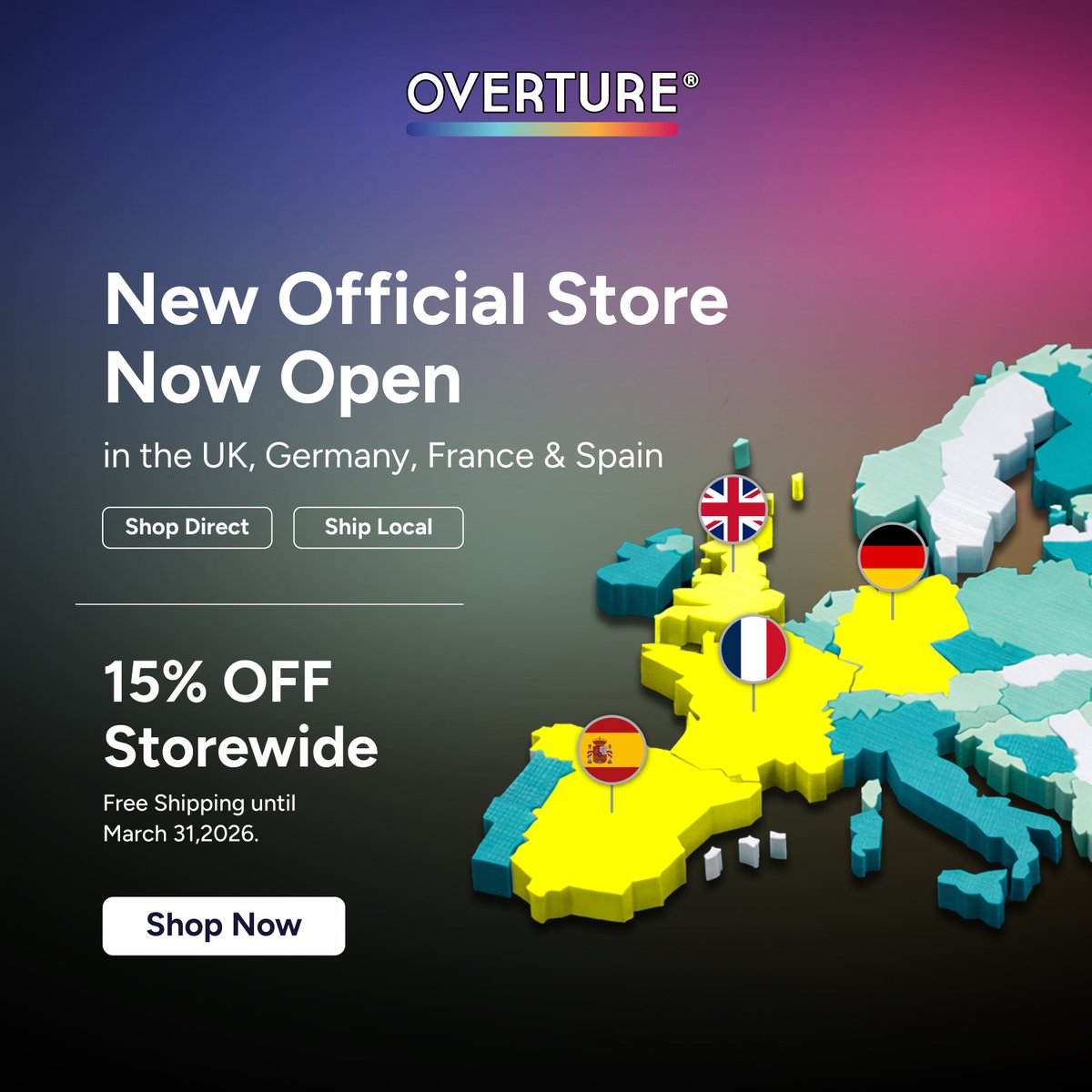 Overture3D's tweet photo. 🇬🇧🇩🇪🇫🇷🇮🇹 UK & Europe - Overture3D is here!

Overture3D official webshops are now live in the UK, Germany, France, and Spain, making it easier than ever for makers to get your favorite Overture3D filaments.

With local warehouses and regional fulfillment, you can now enjoy faster delivery and better availability across the UK and Europe.

✨ What this means for you:
❤️ Faster shipping
🌟 5-Star customer support
💙 Wider selection of colors and materials
🧡 Direct access to our latest product releases

🎉 To celebrate the launch, enjoy 15% OFF storewide + Free Shipping for a limited time.

👉 Visit https://t.co/05ZmL2yn1g, select your language or currency, and start your next print.

#overture3d #3dprinting #3dp #3dprintingideas #pla #petg #mattepla #PLApro #TPU