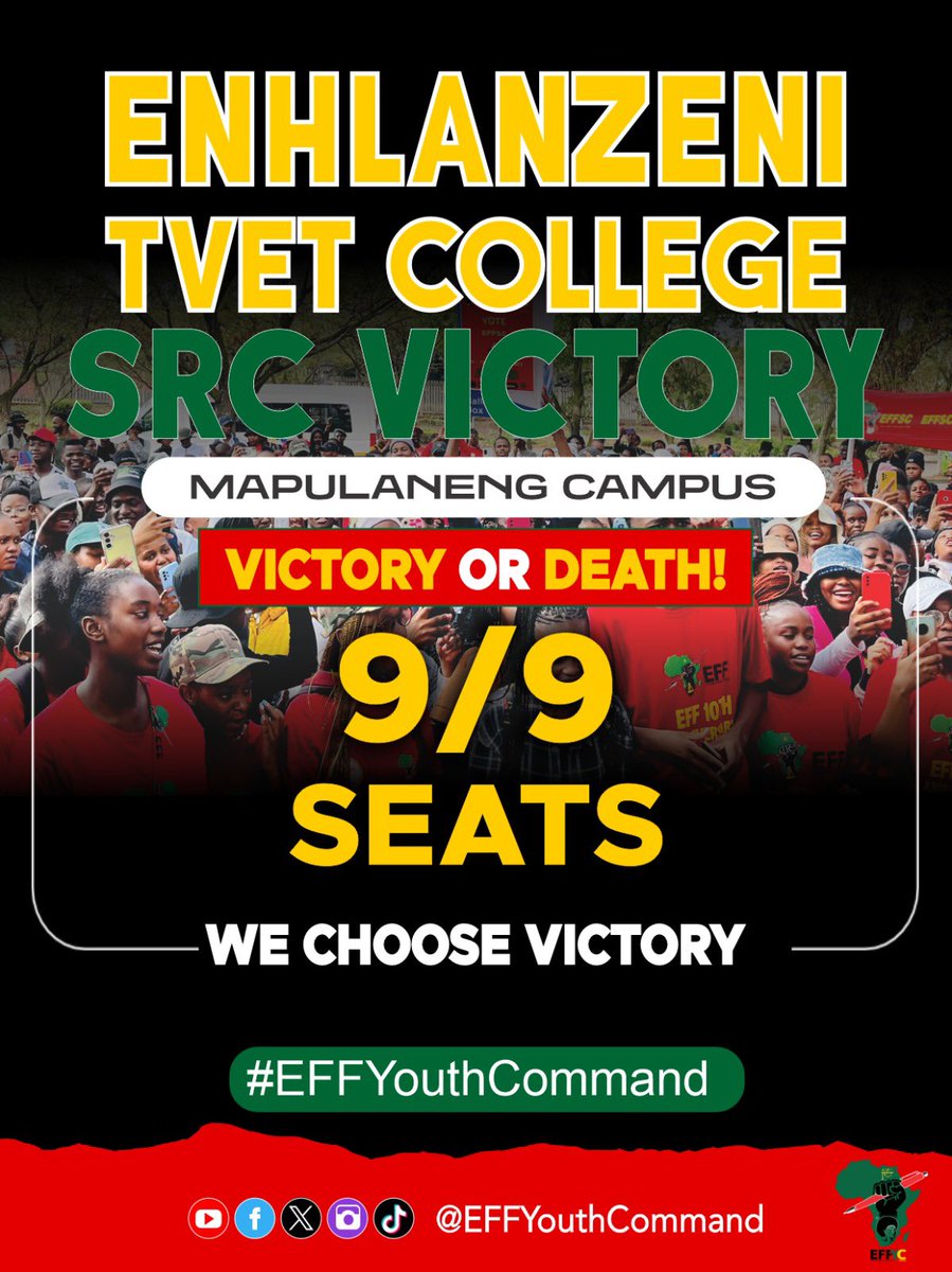 EFFYouthCommand's tweet photo. ♦️SRC VICTORY♦️
We thank the students of the Ehlanzeni TVET College for choosing the EFF Youth Command.
Salute to the fighters on the ground for their bravery and hard work.
Victory or Death!
#EFFYouthCommand https://t.co/8tjDtH0I6f