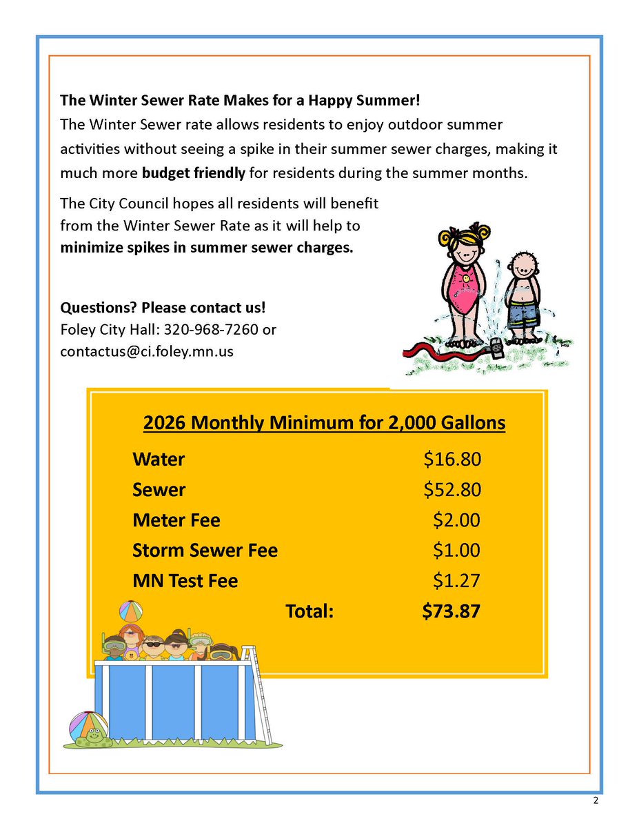 CityFoleyMN's tweet image. The Winter Sewer Rate for residential properties is returning for the summer of 2026! 💦🌞 #FoleyMN