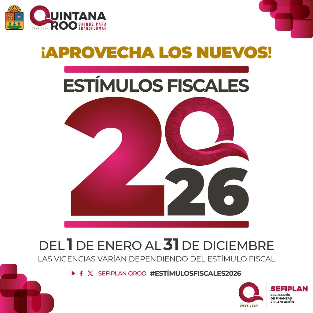 📢 ¡Conoce los nuevos #EstímulosFiscales2026 que el <a href="/GobQuintanaRoo/">Gobierno Quintana Roo</a> tiene para ti!

Impulsa tu negocio o proyecto con los beneficios que el Gobierno del Estado ha preparado para fomentar el desarrollo económico de Quintana Roo. 🌱💼

👉 🔗 satq.qroo.gob.mx/pagina?id=3