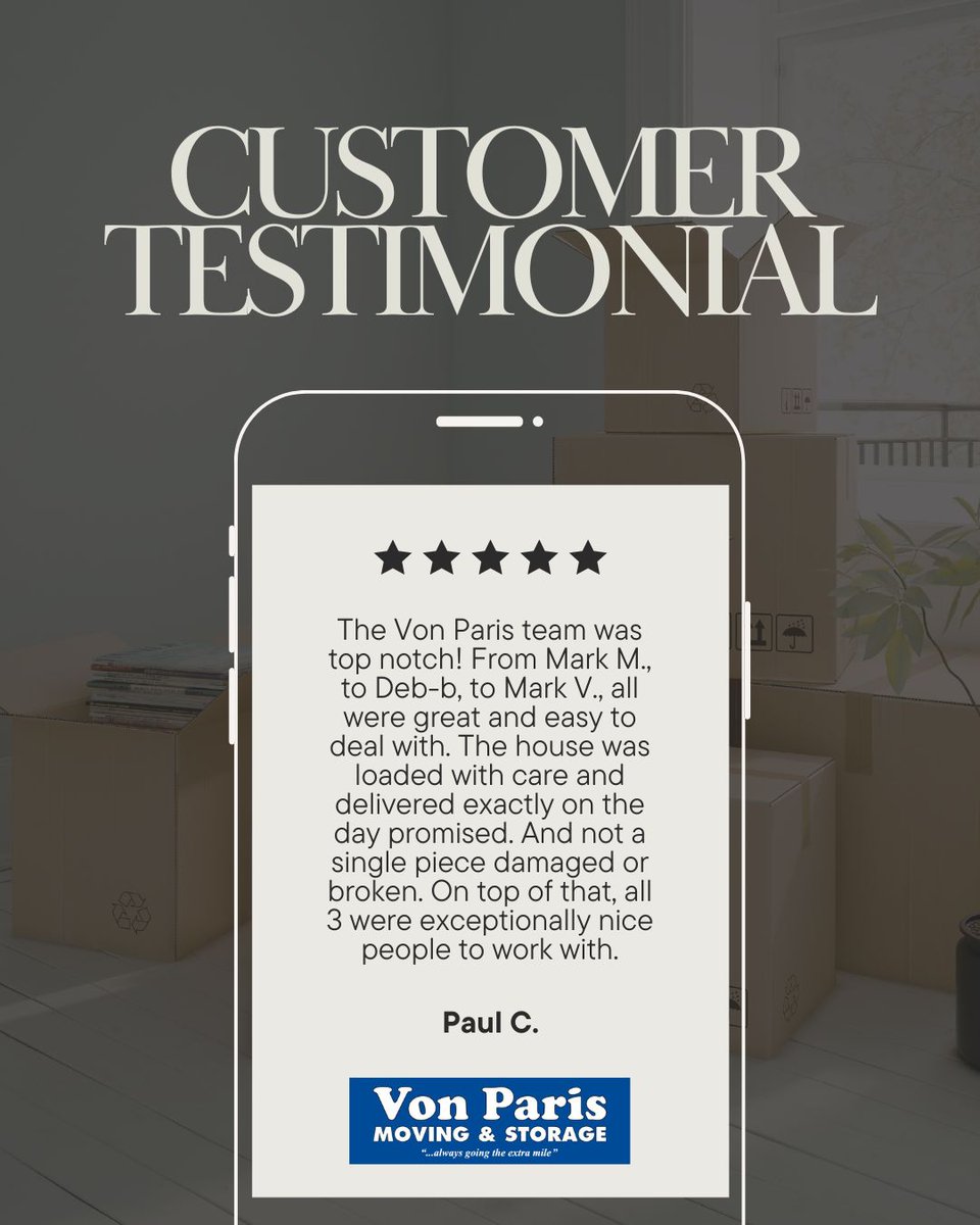 VonParisMoving's tweet image. Happy Feedback Friday!

Top‑notch service from start to finish – nothing makes us happier than hearing experiences like this. Thank you, Paul C.!

#VonParis #MovingAndStorage #GoogleReview #Feedback #FeedbackFriday #CustomerReview #AlwaysGoingTheExtraMile