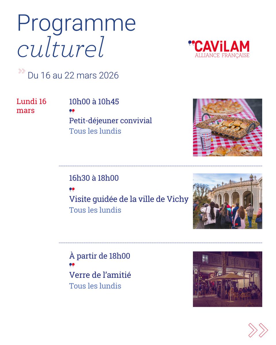 CavilamAF's tweet image. Découvrez le programme culturel du 16 au 22 mars 2026.
#programme #culturel #CAVILAM #AllianceFrançaise #vichy #allier #auvergne