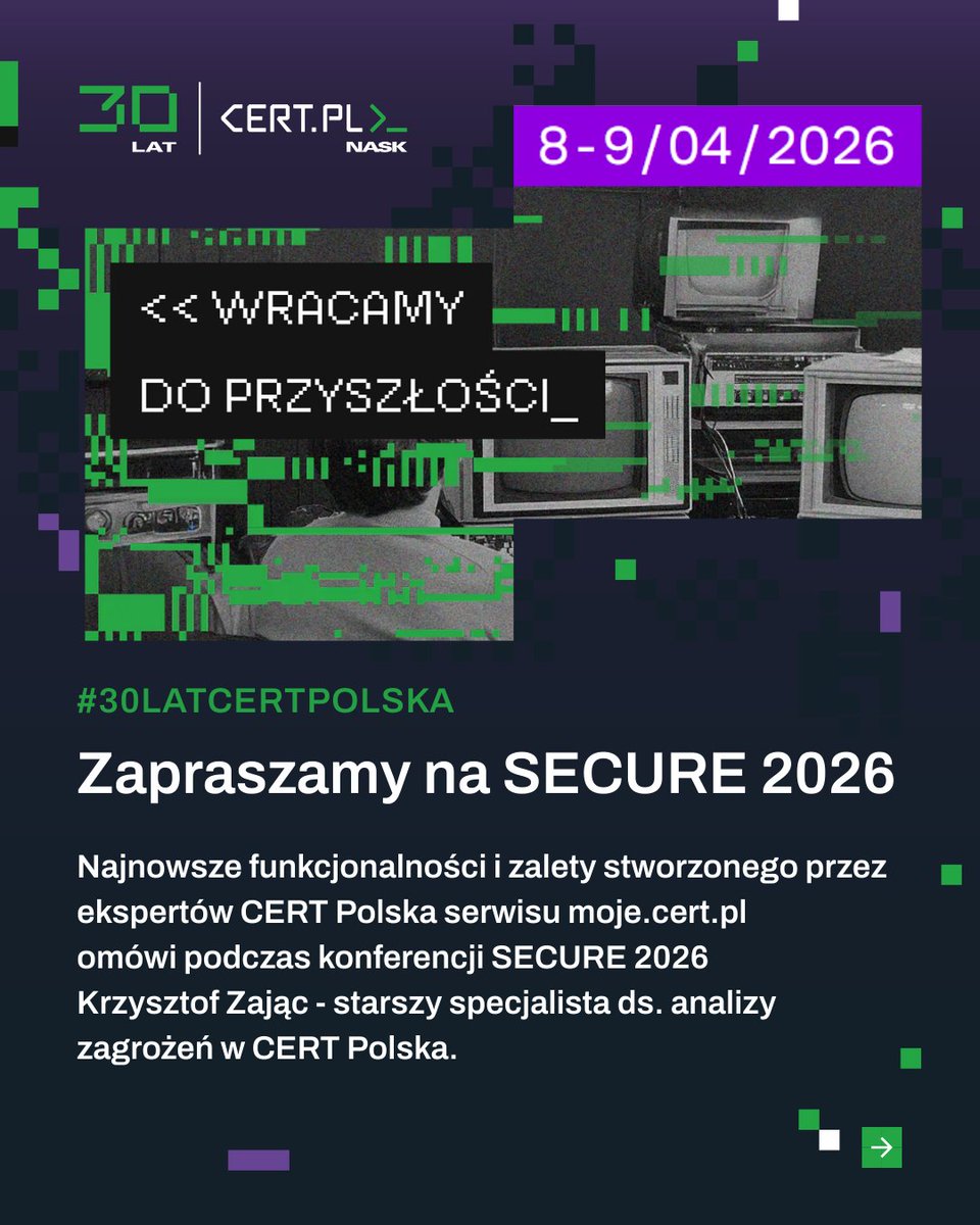 CERT_Polska's tweet photo. 🎉30 lat CERT Polska! 🎉   

👇 Platforma, która zrewolucjonizowała wsparcie cyberbezpieczeństwa Waszych domen    
🛡️ https://t.co/V4Zu7yvPIq 🛡️    

Z https://t.co/V4Zu7yvPIq można korzystać od ponad roku i od tego czasu w serwisie zarejestrowało się ponad 17,5 tysiąca użytkowników, którzy sprawdzili ponad 21 tysięcy domen.     

https://t.co/V4Zu7yvPIq to:   
🔐 bezpłatne skanowanie bezpieczeństwa Twojej domeny;  
🔎 monitoring wycieków haseł ;  
📨 alerty dla zalogowanych użytkowników;  
🌎 powiadomienia o zagrożeniach także dla niezalogowanych użytkowników;  
🎯 sprawdzenie czy Twoja sieć jest chroniona przez Listę Ostrzeżeń.   

👉Masz domenę? Zaloguj się na https://t.co/V4Zu7yvPIq i upewnij się, że jest bezpieczna.    A jutro – kolejna historia z naszego jubileuszowego cyklu.   

#30LatCERTPolska