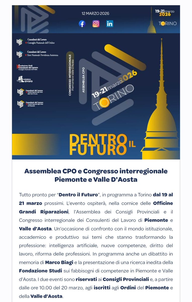 Torino 19-21 marzo 2026
<a href="/ConsulentiLavor/">ConsulentiLavoro</a> <a href="/FondazioneStudi/">Fondazione Studi</a>