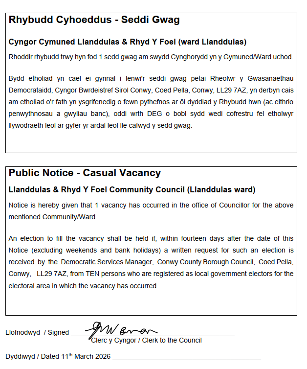 demCBSConwy's tweet photo. Hysbysiad o Sedd Wag ar gyfer Cyngor Cymuned Llanddulas &amp; Rhyd Y Foel (ward Llanddulas)  - gosodwyd yr hysbysiad gan y clerc ar 11.03.26. Dyddiad cau 31.03.26. https://t.co/RX8k592fyS
