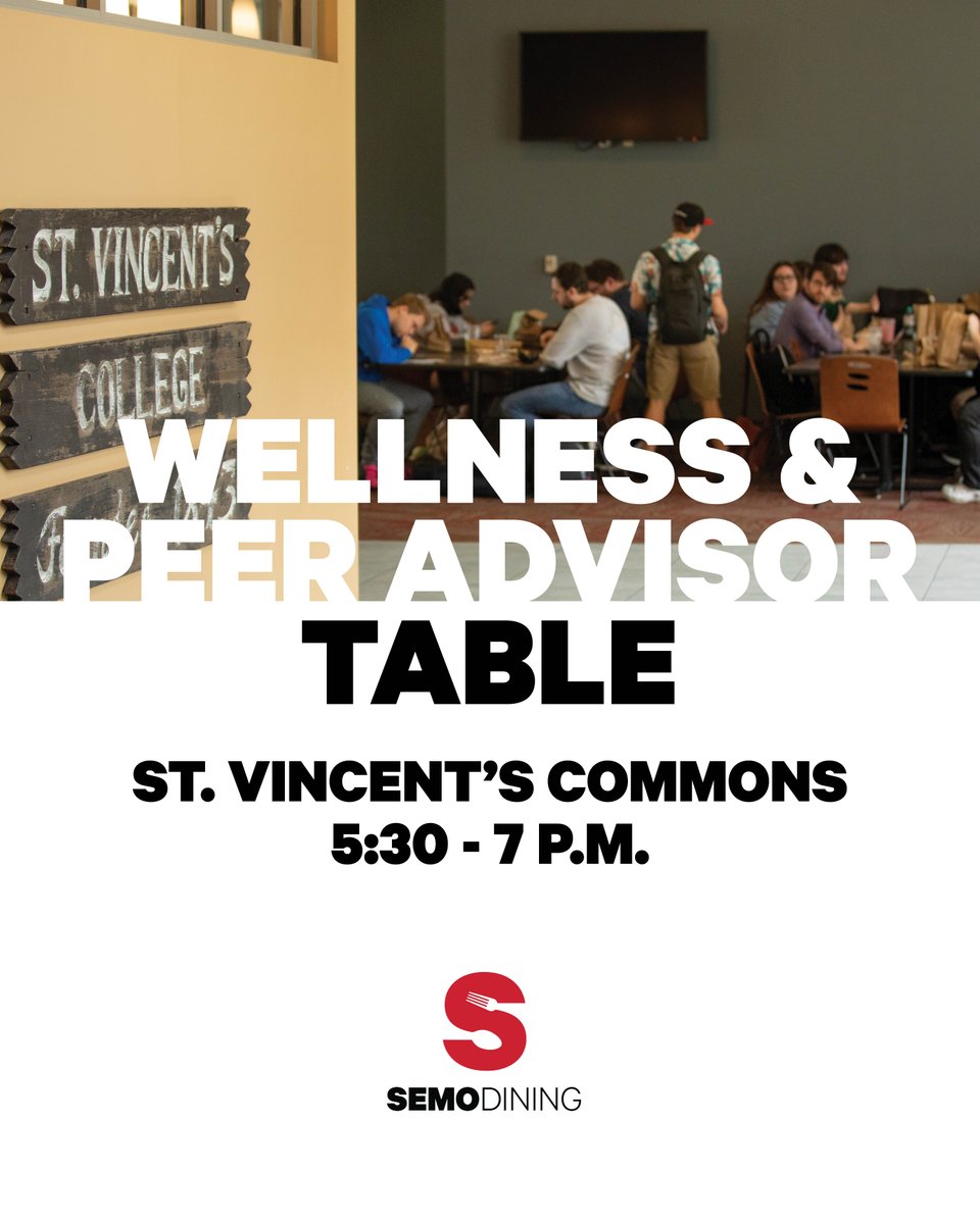 Dinner 🤝 Peer Advisors

Join us next week at St. Vincent's Commons to meet with a Peer Advisor and learn about what to eat to fuel your brain to success!

🗓️: Thursday, March 19
📍: St. Vincent's Commons
⌚️: 5:30 - 7 p.m.

#SEMOdining #AcademicAdvising #Wellness