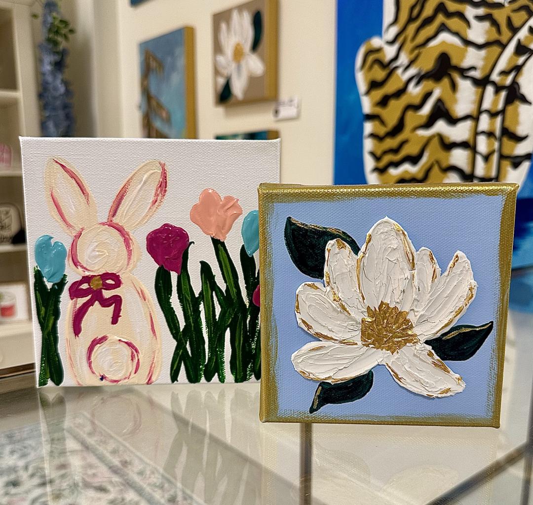TheClaytonHouse's tweet image. Priced at $30. The "Magnolia Dreams" painting measures 5w x 5h and is locally made. It can hang on a wall or stand alone on a shelf.

"Bunny Hop" Painting measures 6w 6h. $30

More info: clayton.house/url/G2A0e

Booths: Taylor Anne's Touch

#home_decor #artwork #locally_made