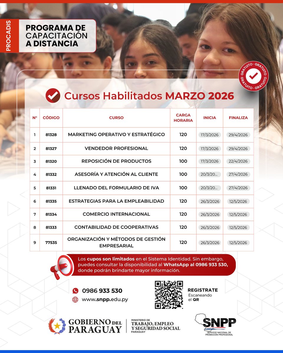 SNPP_Paraguay's tweet photo. ¡Cursos A DISTANCIA habilitados! 💻🙌🏼

 👨🏻‍💻👩🏽‍💻 En marzo te ofrecemos cursos 100% gratuitos en éstas áreas:

📑 Administración y Gestión
🗣️ Idiomas
✍🏻 Industrias Gráficas 
🛎️ Hospitalidad
🦺 Seguridad y Medio Ambiente
💻 TICs

⚠️Los cupos son limitados en el Sistema Identidad. Sin embargo, puedes consultar la disponibilidad enviando un mensaje de WhatsApp al 0986 933 530, donde podrán brindarte mayor información.

⏰ Elegí el horario que mejor te quede y preparate para el mundo laboral.

👉 Inscribite ingresando a: https://t.co/yr0WrwxvIr

#GobiernoDelParaguay #SNPP
