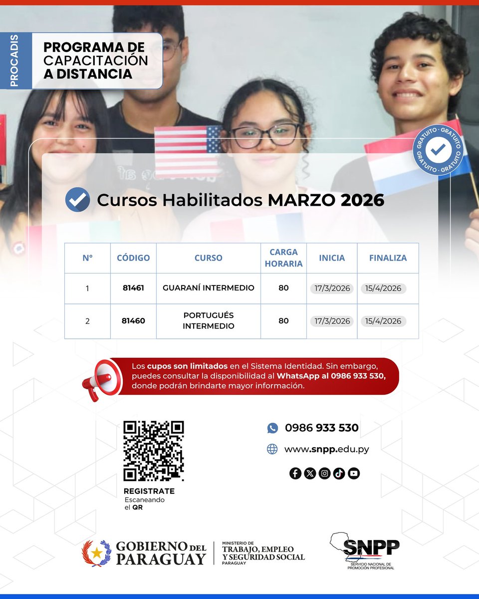 SNPP_Paraguay's tweet photo. ¡Cursos A DISTANCIA habilitados! 💻🙌🏼

 👨🏻‍💻👩🏽‍💻 En marzo te ofrecemos cursos 100% gratuitos en éstas áreas:

📑 Administración y Gestión
🗣️ Idiomas
✍🏻 Industrias Gráficas 
🛎️ Hospitalidad
🦺 Seguridad y Medio Ambiente
💻 TICs

⚠️Los cupos son limitados en el Sistema Identidad. Sin embargo, puedes consultar la disponibilidad enviando un mensaje de WhatsApp al 0986 933 530, donde podrán brindarte mayor información.

⏰ Elegí el horario que mejor te quede y preparate para el mundo laboral.

👉 Inscribite ingresando a: https://t.co/yr0WrwxvIr

#GobiernoDelParaguay #SNPP