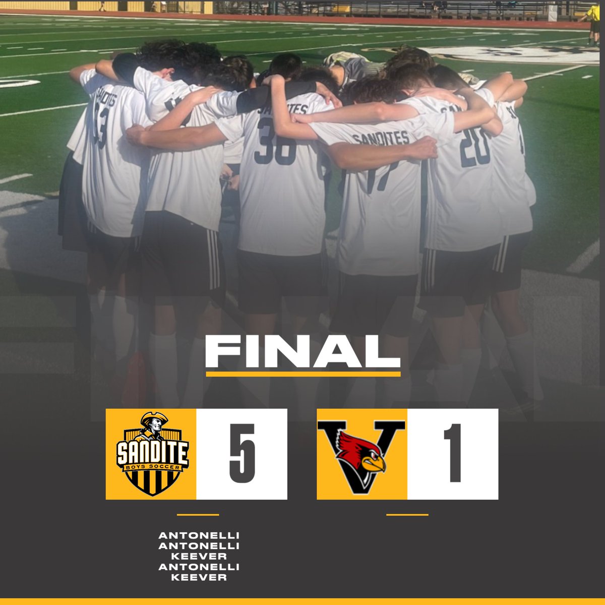 SanditeFC's tweet photo. JV Boys take down the Cardinals  5-1 with an Antonelli Hat trick and the brace by Keevers. Great Match Boys!!! https://t.co/ybx87RBARz