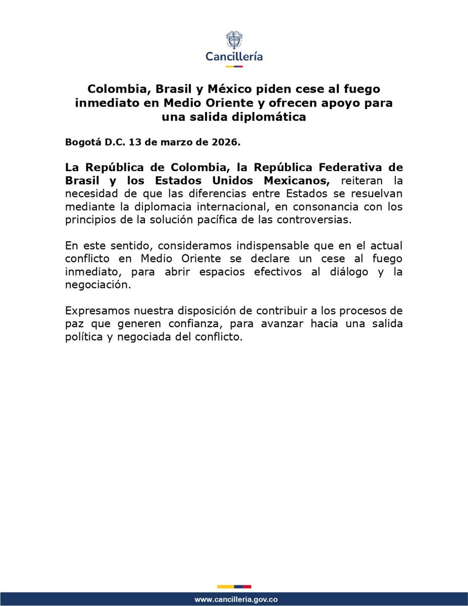 🚨 Colombia, Brasil y México piden cese al fuego inmediato en Medio Oriente y ofrecen apoyo para una salida diplomática.

Todos los detalles en aristeguinoticias.com