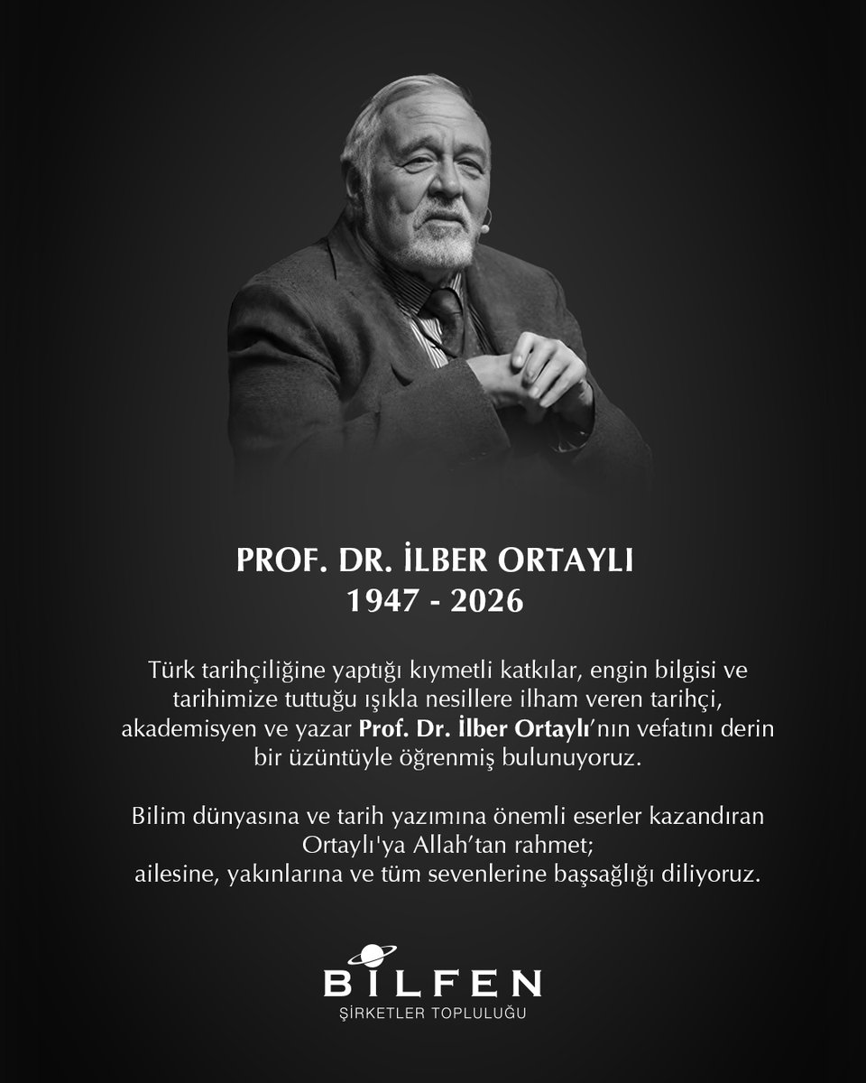 Türk tarihçiliğine yaptığı kıymetli katkılar, engin bilgisi ve tarihimize tuttuğu ışıkla nesillere ilham veren tarihçi, akademisyen ve yazar Prof. Dr. İlber Ortaylı'nın vefatını derin bir üzüntüyle öğrenmiş bulunuyoruz.