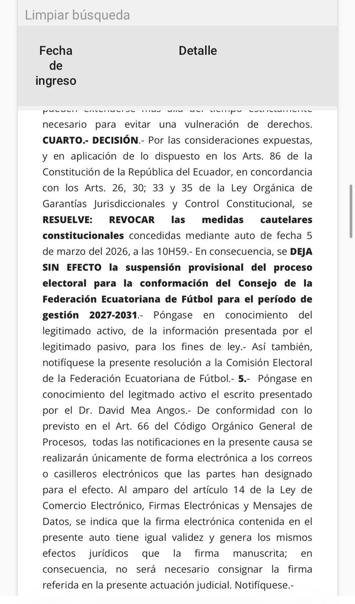 pochoharbEC's tweet photo. Resolución Judicial de última hora en tema elección directorio FEF.
La jueza Monica Jacqueline Flor Pazmiño de la Unidad Judicial de Quito resolvió revocar las medidas cautelares que habían suspendido provisionalmente el proceso electoral de la Federación Ecuatoriana de Fútbol. Con esta decisión, el proceso para la conformación del Consejo de la FEF para el período 2027-2031 continúa sin suspensión.
