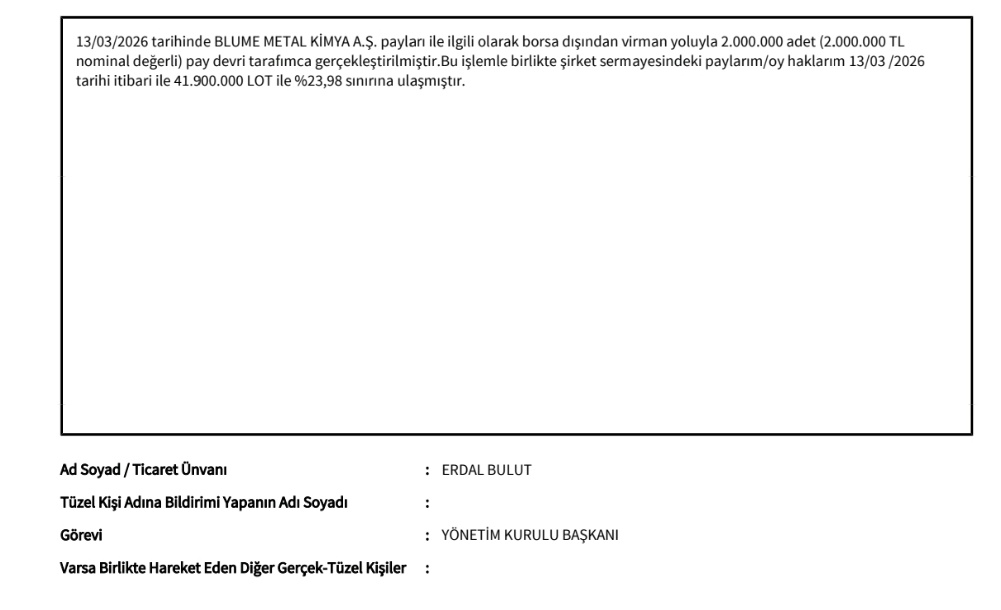 PiyasaTurkiye's tweet image. #BLUME Erdal Bulut, 2.000.000 adet Blume Metal payını virman yoluyla devretti.