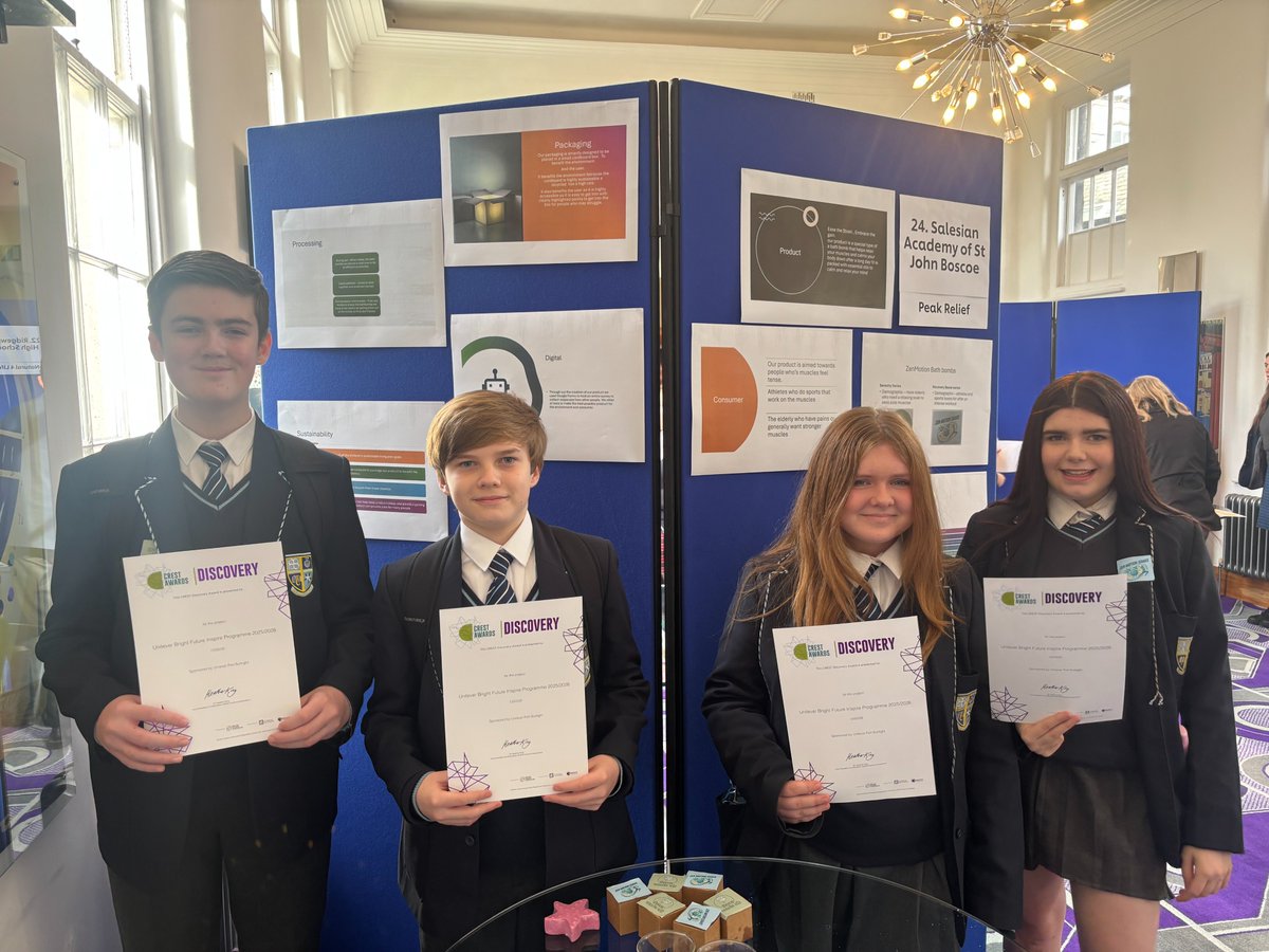 SalesianAcademy's tweet image. Our Year 8 pupils had an inspiring day presenting their sustainability projects at the Unilever Bright Future Programme with All About STEM! They earned the CREST Discovery Award for their fantastic work. Well done to all involved! 
#BrightFuture #AllAboutSTEM #CRESTAward