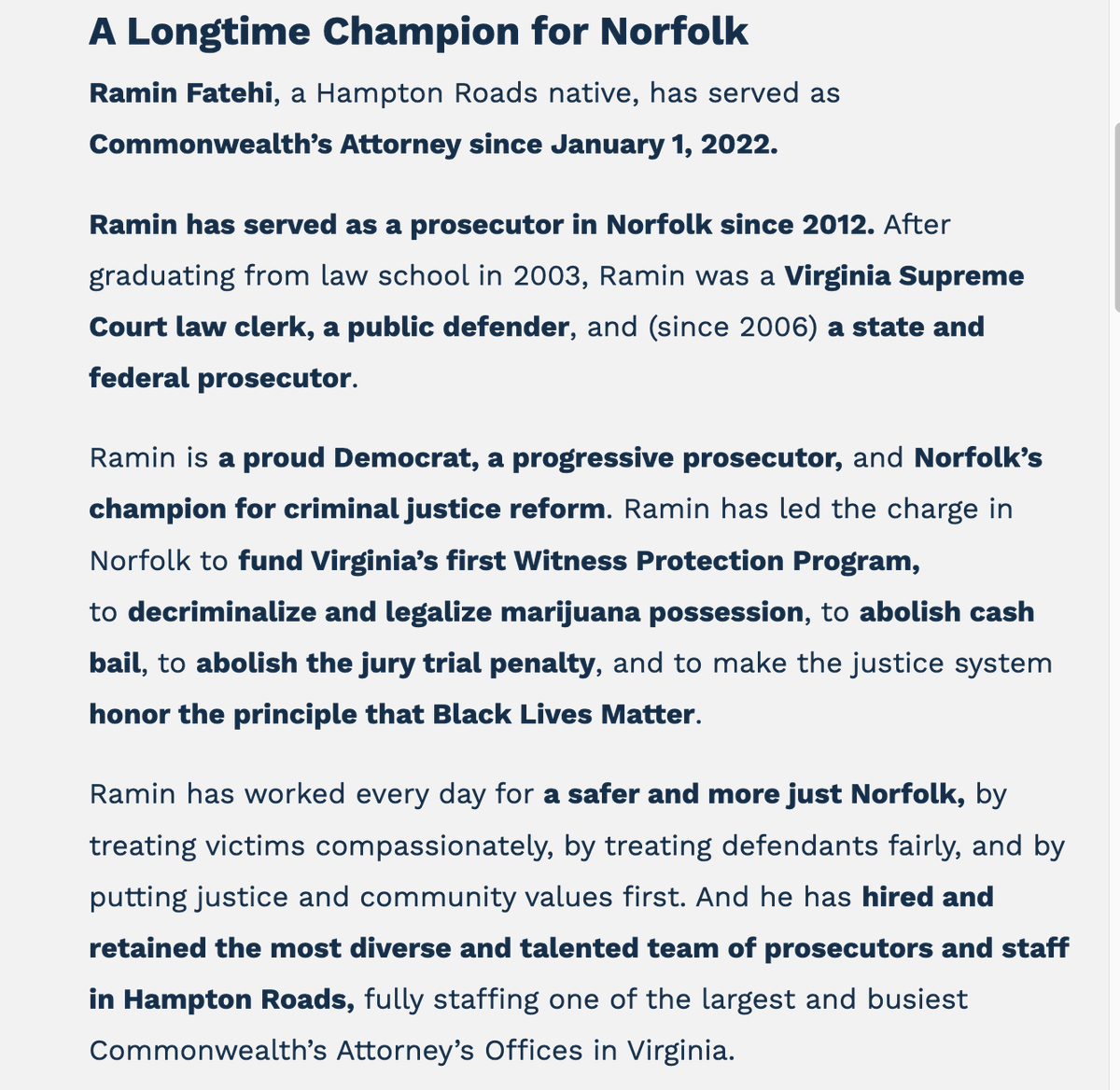 jimgeraghty's tweet photo. Where the hell were you, Ramin Fatehi? You’ve been a prosecutor in Norfolk since 2012 and the city’s commonwealth attorney since 2022. You boast on your campaign website: "Ramin is a proud Democrat, a progressive prosecutor, and Norfolk’s champion for criminal justice reform."

How did a guy convicted of supporting ISIS end up getting his hands on a gun in your jurisdiction? When a convicted ISIS terrorist struck, why was the protection of that classroom up to a group of Army ROTC cadets?

Note that Fatehi ran unopposed in the 2021 and 2025 general elections.