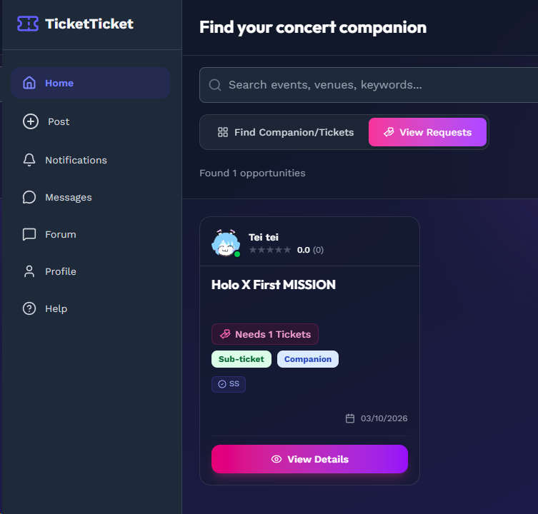 master_six_six's tweet photo. Update v1.23
You can now request tickets on the website! Click "Post" to choose between offering or requesting tickets!

By toggling the switch here on the homepage, you can view ticket requests. If you have extra tickets, feel free to reach out and discuss with those who are looking for them!

No handling fees, no transaction fees, and no listing fees. A 100% free service until our domain expires! TicketTicket.

#ticketticket.live
#SSholoX世界リペイント計画 
#獅白杯オフライン