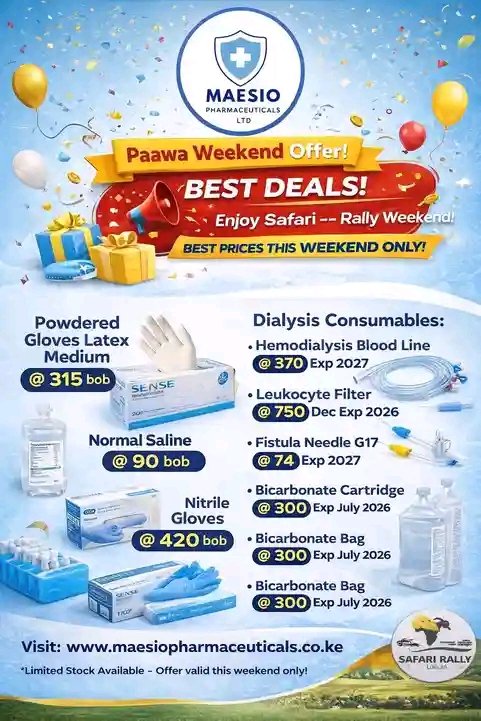Paawa Weekend..

Powdered gloves latex medium <a href="/315/">水道水</a>
Normal saline <a href="/90/">90</a> bob
Nitrile medium <a href="/420/">420</a> bob

Dialysis consumables

Hemodialysis blood line @ 370 Exp 2027
Leukocyte filter @ 750 Dec Exp 2026
Fistula needle G17 @ 74 Exp 2027
Bicarbonate cartridge @ 300 Exp July 2026