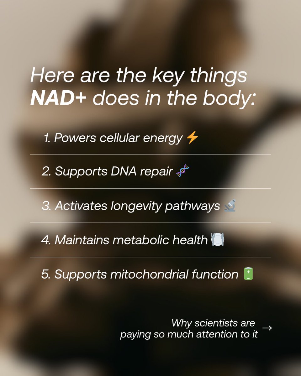 im8health's tweet photo. NAD+ is having a moment - and for good reason.

It’s the molecule your cells use to produce energy, repair DNA, and keep your metabolism running.
But NAD+ levels naturally decline with age.
And things like stress, poor sleep, and environmental damage can speed up the drop.
When NAD+ falls, the systems that rely on it - energy, repair, resilience - start to slow down.

Not hype.
Just cellular science.
#NAD #longevityscience #cellularhealth #antiagingresearch
#cellularenergy #biohacking #healthyaging #agingwell #nutritionalscience #im8health