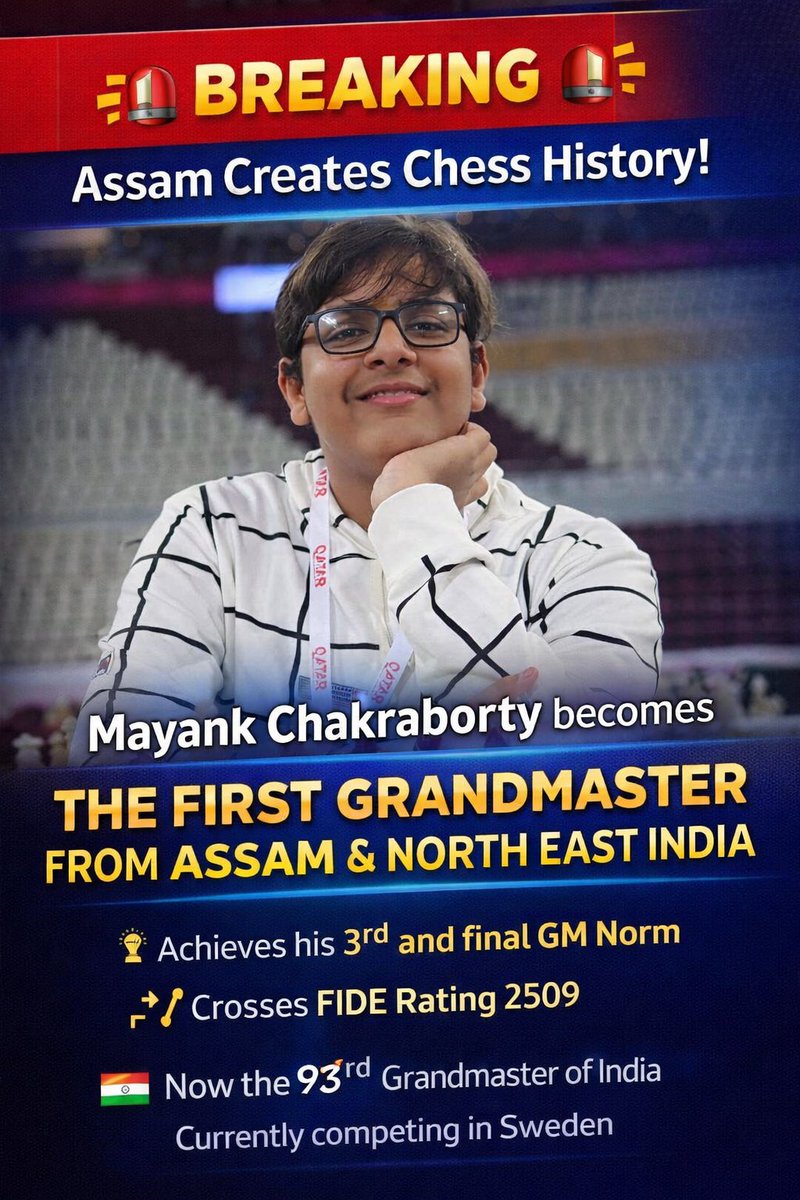 Assam_DSYW's tweet photo. 🚨 BREAKING: Historic Moment for Assam Chess! ♟️

Mayank Chakraborty has achieved his third and final Grandmaster norm and crossed the FIDE rating of 2509, officially becoming the 93rd Grandmaster of India.

With this incredible achievement, he has also become the first-ever Grandmaster from Assam and the entire North East region, creating a historic milestone for chess in the state.

Mayank is currently competing in Sweden, where he secured this remarkable accomplishment, bringing immense pride to Assam and inspiring a new generation of chess players across the region.

#AssamPride #ChessHistory #Grandmaster #MayankChakraborty #AssamChess #NorthEastIndia #IndianChess

@PMOIndia @AmitShah @HMOIndia @CMOfficeAssam @himantabiswa @CSAssam_ @afiindia @Abhinav_Bindra @GorlosaNandita @mansukhmandviya @YASMinistry @BFI_official @IndiaSportsHub @RahulBose1 @ProKabaddi @AssamOlympic @Media_SAI @SAIGuwahati @kheloindia @ddsportschannel @Sentinel_Assam @Pijush_hazarika @jayanta_malla @AjantaNeog @ATULBORA2 @ranojpeguassam @JogenMohanAssam @RanjeetkrDass @keshab_mahanta @urkhaogwrabrah3 @cmpatowary @rupaksarmahbjp @Olympics @khadseraksha @TheAshokSinghal @FIDE_chess @ChessbaseIndia @chesscom @ChessBase