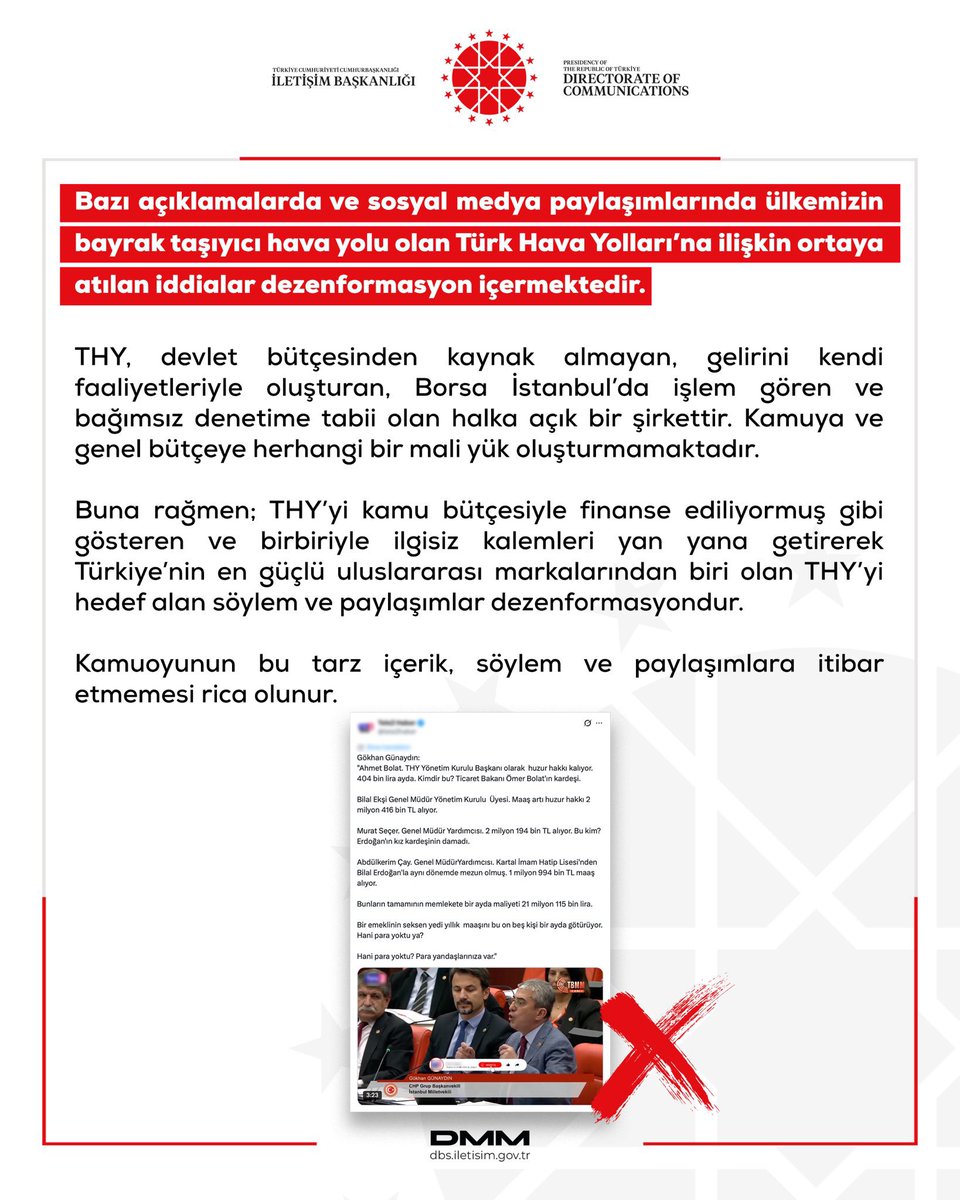 THY’de yaşanan maaş skandalına ilişkin Meclis Genel Kurulu’nda yaptığımız konuşma  haklı olarak büyük infial yaratınca, Dezenformasyonla Mücadele Merkezi adı altında çalışan ancak asıl işlevi gerçeklerin üstünü örtme olan kurum açıklama yapmış.

Üstelik te, bir milletvekilinin