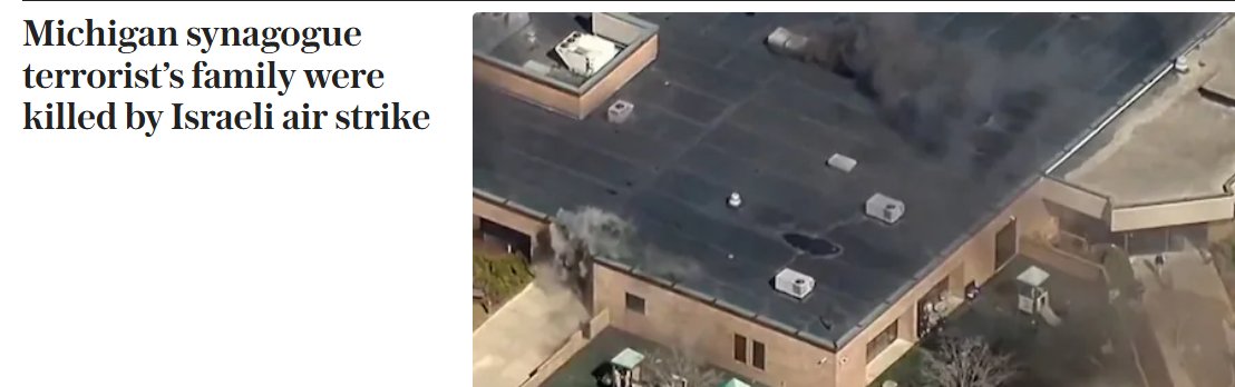 Tooooodos los medios (como <a href="/Telegraph/">The Telegraph</a>) titulando que el terrorista que atacó la sinagoga en Michigan había perdido a su flia en un ataque de Israel al Líbano. Así justifican el atentado, al terrorista y fabrican un empate.

Lo cierto es que Ayman Mohamad Ghazali fue recibido por