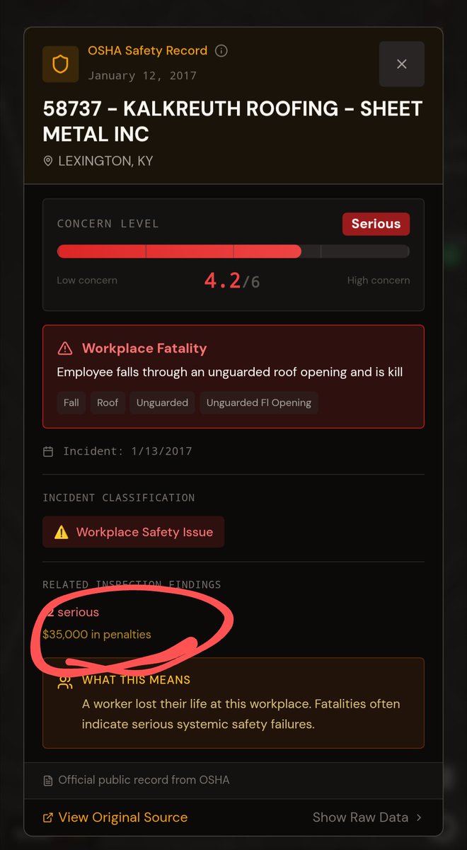 InsideScoopApp's tweet photo. @RealPostFolder Even worse, if you were to drop dead because of careless safety practices at work, they'll just pay the small fine and then hire someone else.

Your life is worth 35,000 to them. https://t.co/dTKLZ7qpbj