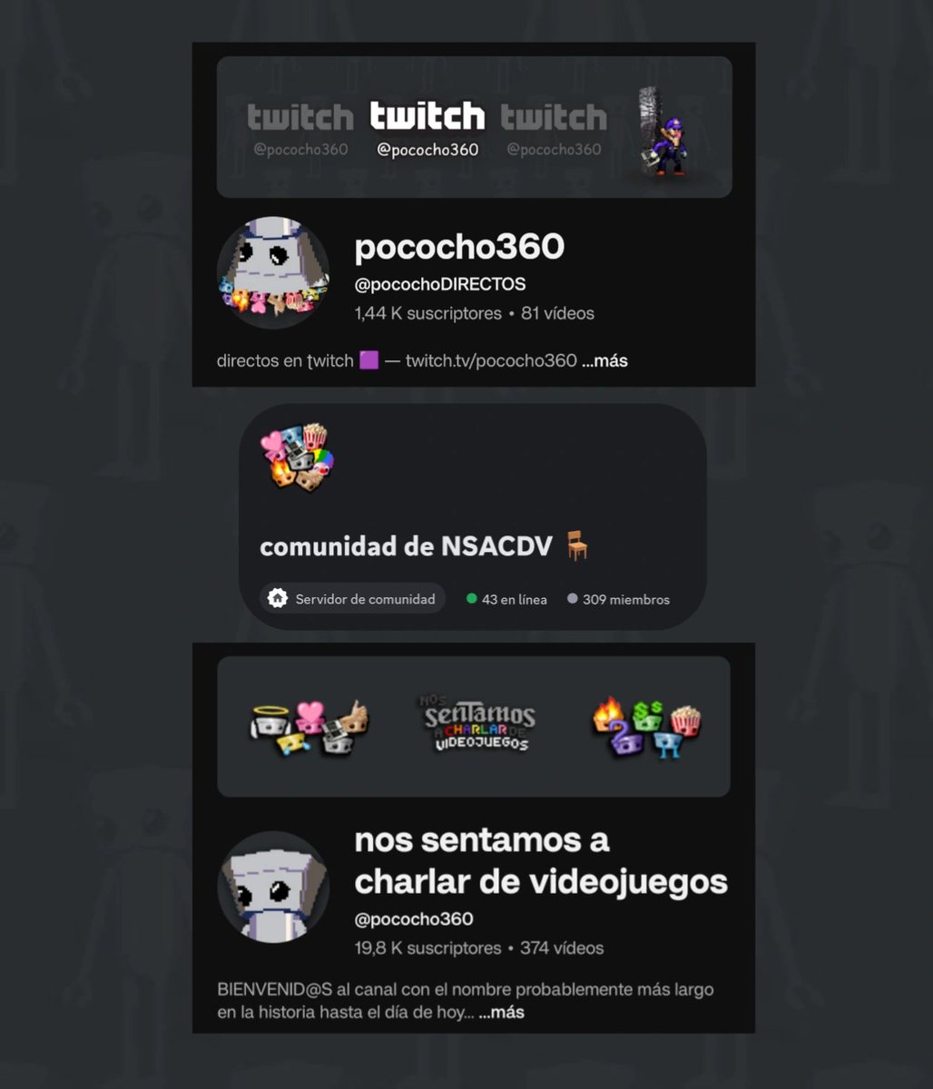 hola gente!!

he decidido empezar a stremear en TWITCH, os invito a pasaros un día ~ me haría mucha ilusión :'D

mi tuich 🟪 twitch.tv/pococho360
comunidad de discord 🟦 discord.gg/AG6yhCH85c
canal de YT (resubiré partes de directos) 🟥 youtube.com/@pocochodirect…