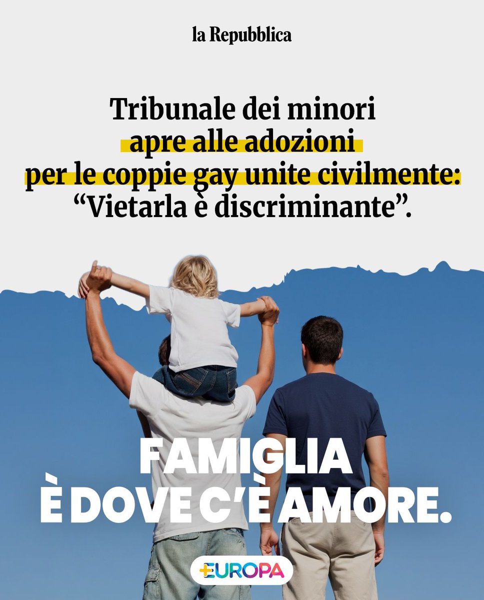 riccardomagi's tweet photo. Una coppia unita civilmente ha chiesto di poter adottare un bambino all’estero. 

Il Tribunale per i minorenni di Venezia ha esaminato la loro storia e le loro condizioni familiari. Questa la valutazione dei giudici: «Mostrano un legame molto solido e intenso (…) una coppia matura, equilibrata, traspare fiducia e stima nell’altro (…) caratterialmente sono l’opposto ma questo non li divide, piuttosto li integra». 

Secondo il tribunale hanno le risorse per accogliere un figlio: stabilità, equilibrio, capacità di cura. Eppure la legge oggi lo impedisce. 

Non perché manchino le condizioni. 
Non perché non ci siano bambini che aspettano una famiglia. 
Ma perché quella coppia è composta da due uomini. 

Per questo il tribunale ha rimesso la questione alla Corte costituzionale: dovrà stabilire se una legge che esclude una coppia solo perché unita civilmente, e quindi composta da due persone dello stesso sesso, sia compatibile con il principio di uguaglianza della nostra Costituzione. 

Se una famiglia è in grado di offrire amore, responsabilità e futuro, perché lo Stato dovrebbe impedirglielo?