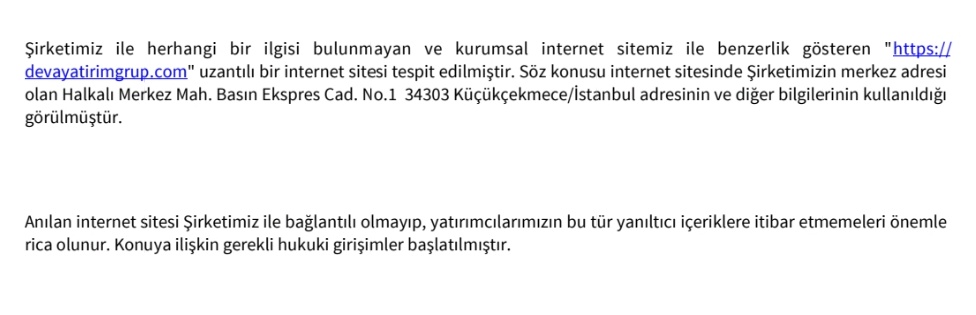 PiyasaTurkiye's tweet image. #DEVA Deva Holding: devayatirimgrup. com internet sitesiyle herhangi bir ilişkimiz bulunmamaktadır.