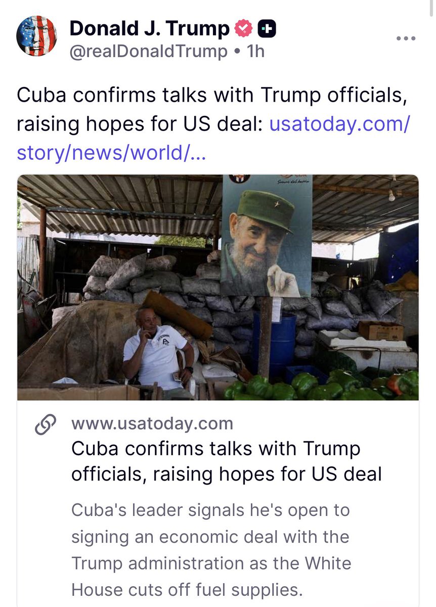 President Trump Post:

The Cuban People will be FREE! Just like Venezuela and Iran. 

President Trump is removing the deep state INSTALLED TERRORIST GOVERNMENTS within these countries. 👏🏻

MAKE THE DEAL!! 💥💥💥