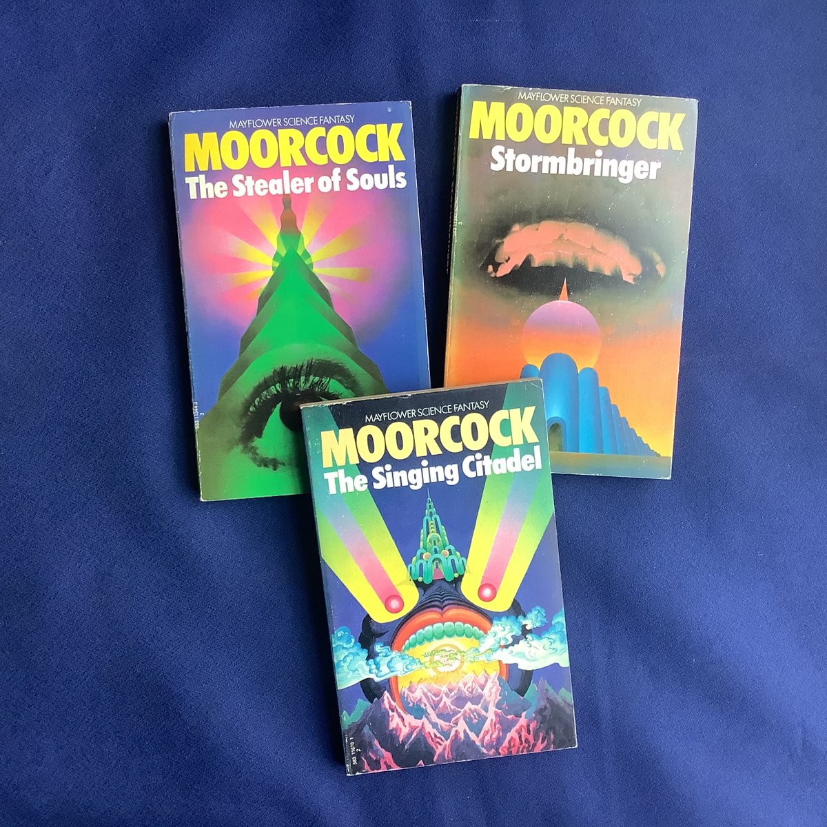 The first three Elric books in paperback by Michael Moorcock, a really good present from my brother. I must have first read them when I was still at school. Elric was a great character. I've consciously borrowed two things from him. Makri’s grim black sword in Thraxas, and also