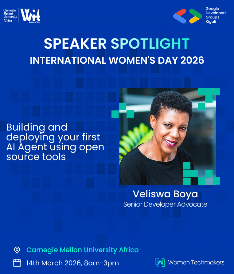 WTM_Kigali's tweet photo. 🚀 Ready to build your first AI agent?

Join Veliswa Boya, Senior Developer Advocate at AWS, and learn how to start building intelligent AI systems using powerful open-source tools.

📍 Room: A203

#IWDKigali2026 #BreakThePattern #WiTCMUAfrica #WomenInTech #GDGKigali #CMUAfrica https://t.co/Ja9ZgarqpJ