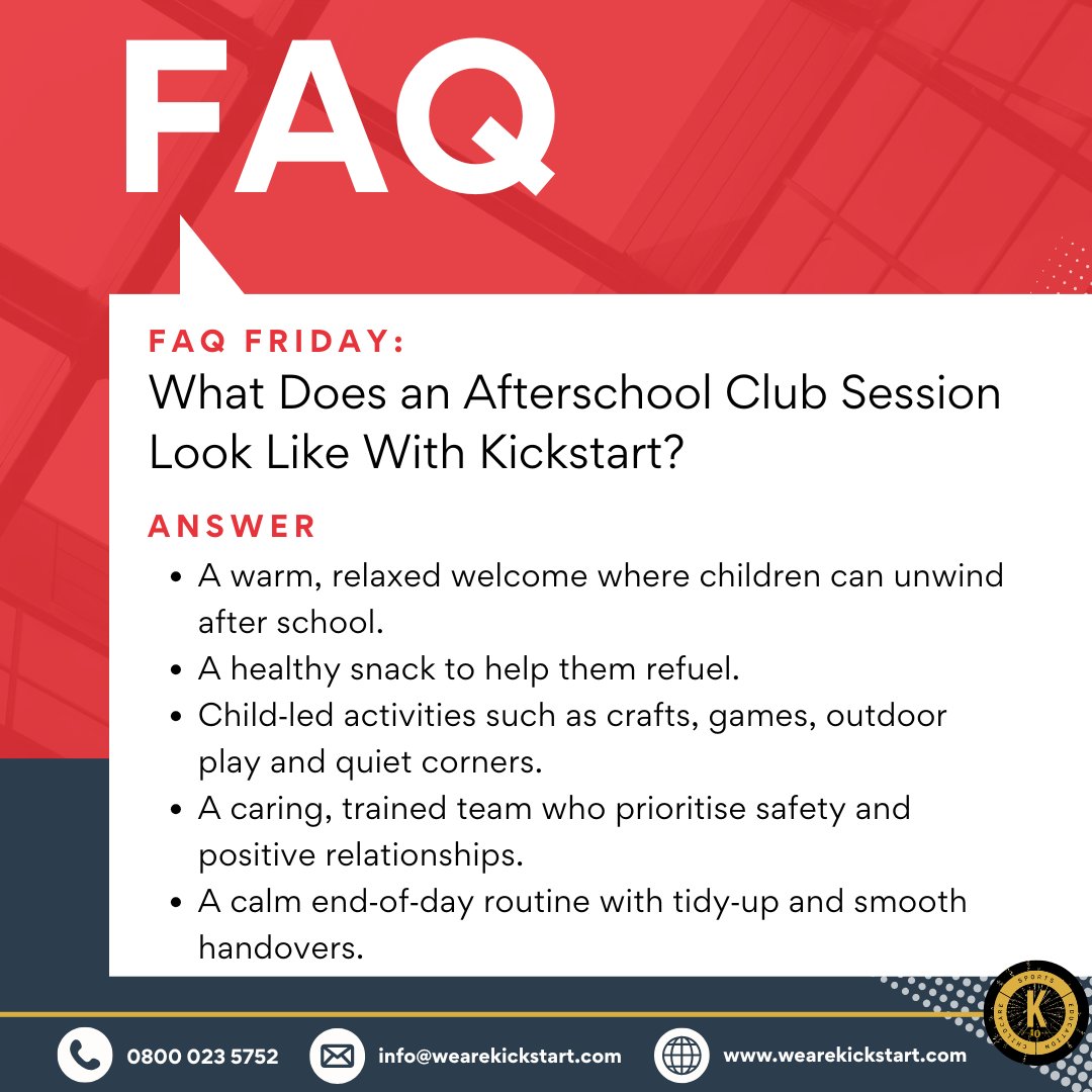 wearekickstart's tweet image. ⭐ FAQ Friday ⭐
Ever wondered what Afterschool Club looks like at Kickstart?
Warm welcomes, healthy snacks, child‑led activities and calm end‑of‑day routines.
#FAQFriday #AfterschoolClub #WraparoundCare #Kickstart