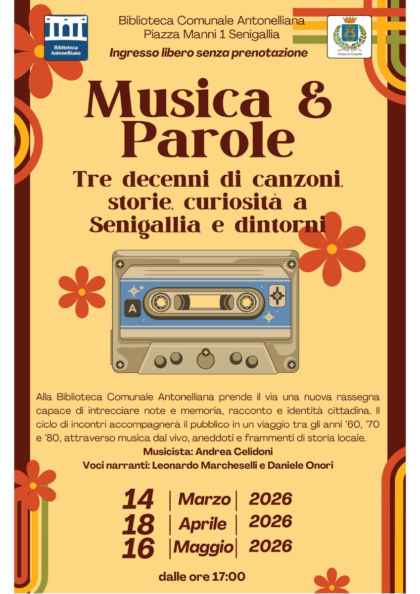 📅 Sabato 14 marzo 🕔 17 a #Senigallia il viaggio tra musica e ricordi! 
🎤Gli anni '60 rivivono 📍 in Biblioteca Antonelliana  con Celidoni, Marcheselli e Onori. 🎸✨
Da Campanile Sera ai grandi successi di Sanremo interpretati dal vivo. 

L'intervista: tinyurl.com/mrx73e8e