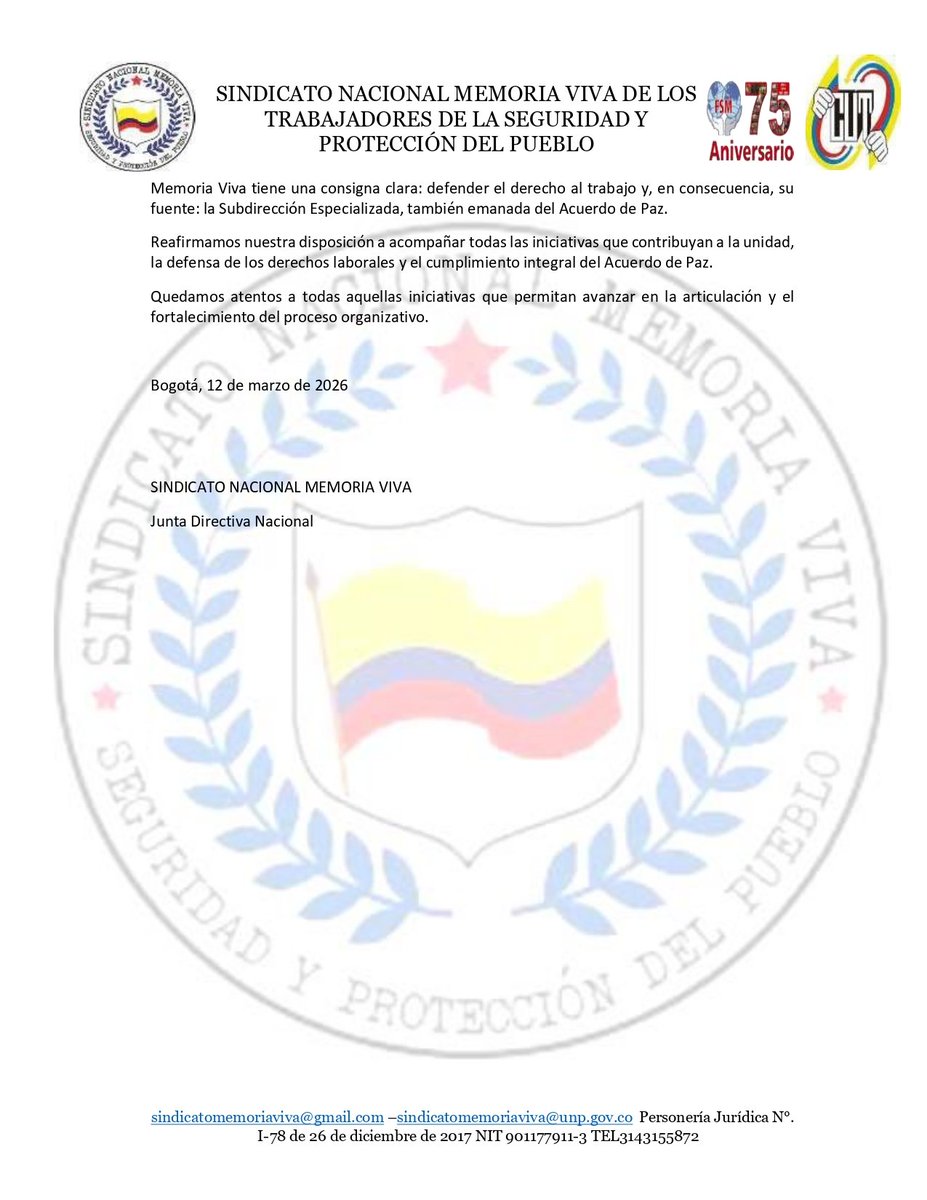 viva_memoria's tweet photo. Memoria Viva reafirma su compromiso con la defensa del proceso de paz y el derecho al trabajo. https://t.co/YXhVoppttM