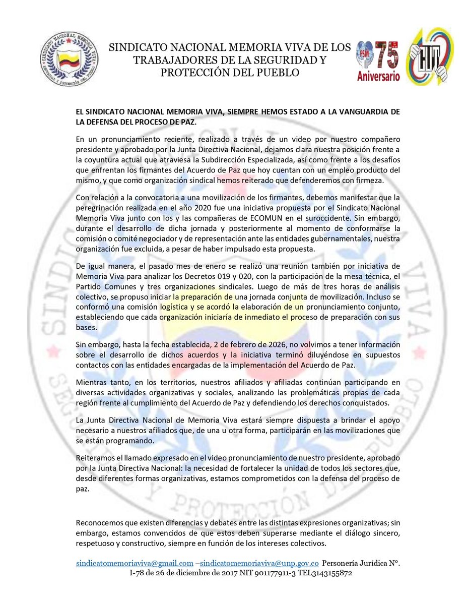 viva_memoria's tweet photo. Memoria Viva reafirma su compromiso con la defensa del proceso de paz y el derecho al trabajo. https://t.co/YXhVoppttM