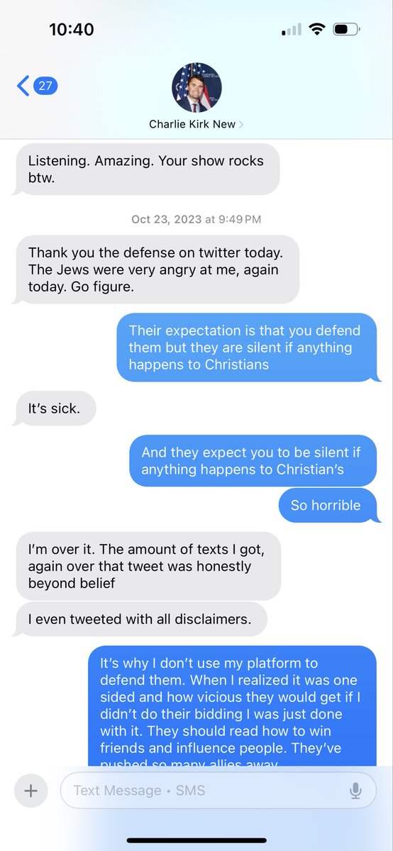 Charlie Kirk did not support Ben Shapiro’s treatment of people over Israel. 
He also did not support Talmudic Judaism in general. 
I am done with the silence of Turning Point on this issue. 
He was being morally blackmailed for over a year and he had had enough.