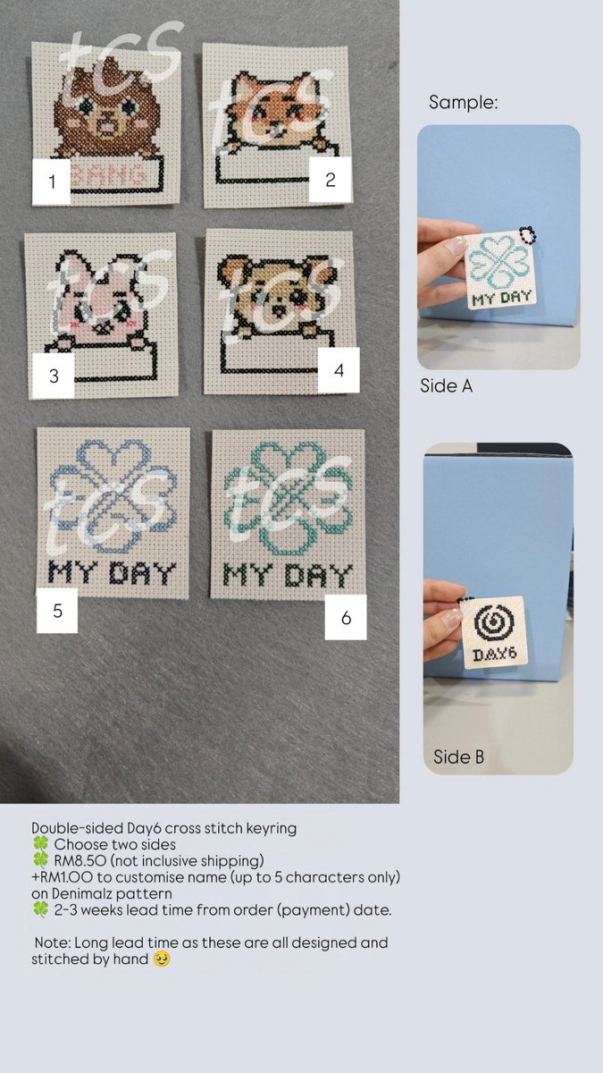 csuennn's tweet photo. #Day6 Fanmade merch (6th Gen My Day logo)

#rt + ❤️ 주세요~
  
Coz physical membership cards are too precious to carry around. 100% cross stitched by hand!

Details in photo:
- Double sided customisable keyring
- Logo in acrylic case + stand
- Toploader https://t.co/0ORRKdIiwj