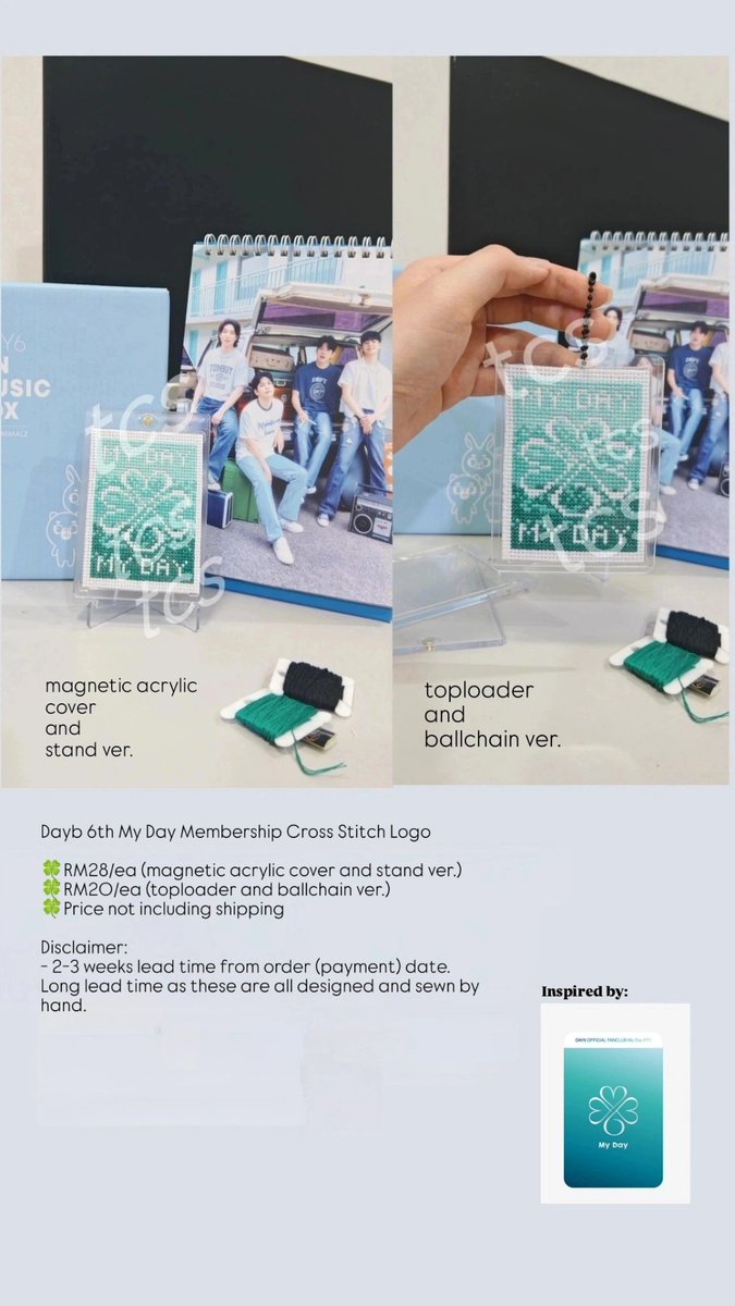 #Day6 Fanmade merch (6th Gen My Day logo)

#rt + ❤️ 주세요~
  
Coz physical membership cards are too precious to carry around. 100% cross stitched by hand!

Details in photo:
- Double sided customisable keyring
- Logo in acrylic case + stand
- Toploader