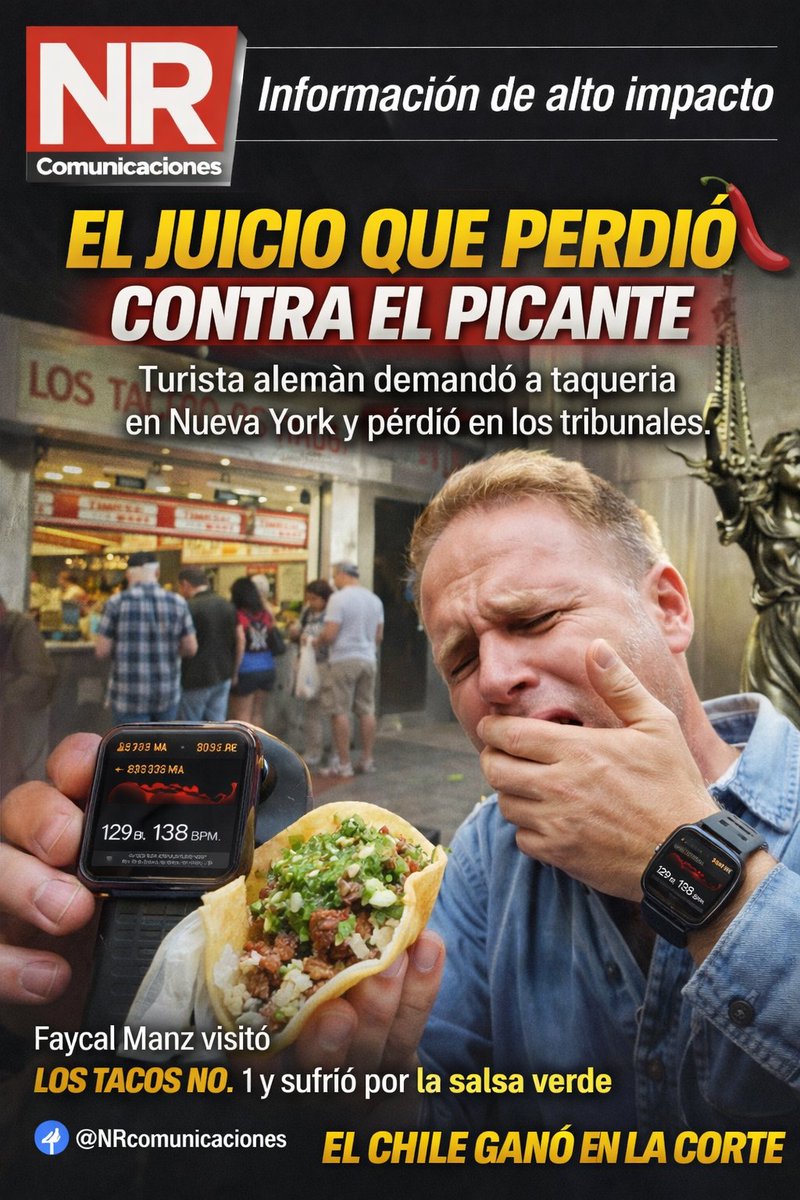 🌶️ Turista demanda a taquería por que le picó la salsa 

Un turista alemán, Faycal Manz, jamás imaginó que un taco en Nueva York lo llevaría a los tribunales. En agosto de 2024, visitó la taquería Los Tacos No. 1 en Times Square y decidió acompañar su orden con salsa verde. El