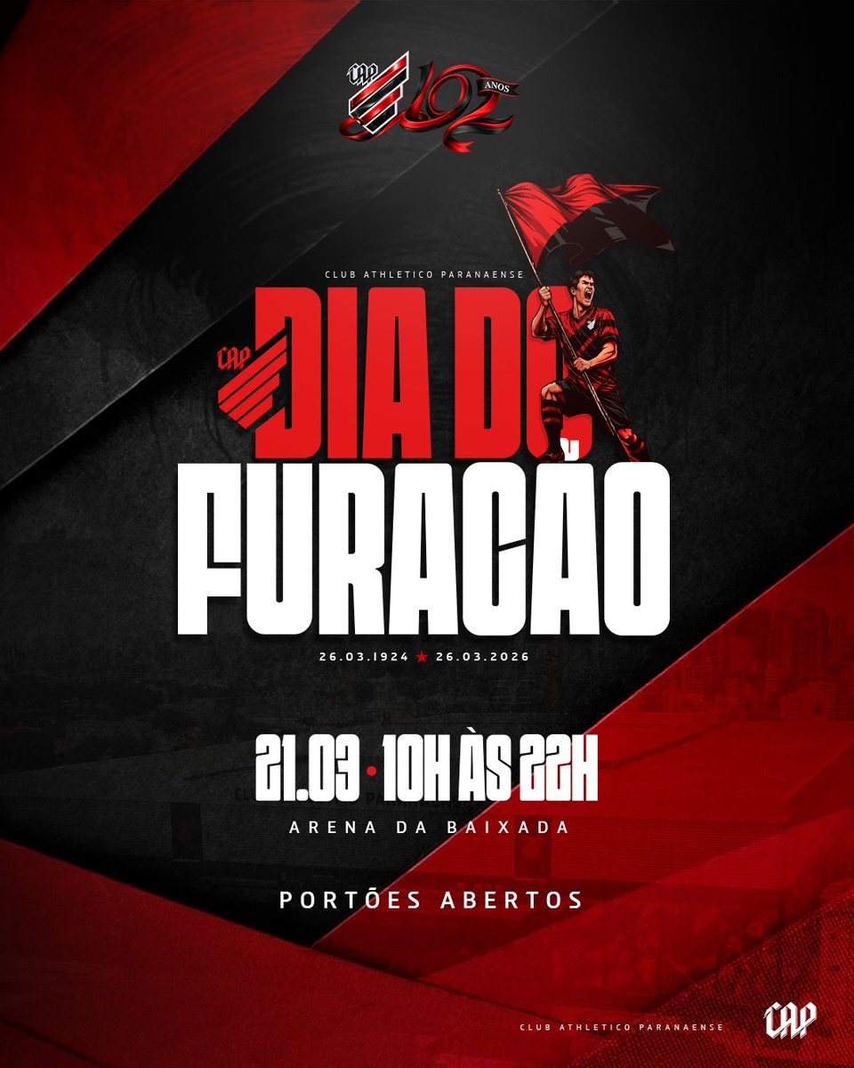 AthleticoPR's tweet photo. 🎶 Vai ter festa na Baixada. Quem quiser pode chegar!

Em comemoração ao aniversário de 102 anos, teremos um evento inédito no dia 21 de março: o Dia do Furacão!

Vamos abrir as portas da Arena da Baixada para um dia de celebração. Serão 12 horas de atrações, das 10h às 22h. Um sábado inteiro dentro do Caldeirão!

O evento é aberto a toda a comunidade, com entrada e estacionamento* gratuitos. Não há necessidade de ingressos ou de reservas antecipadas.

*De acordo com a disponibilidade de lugares no estacionamento