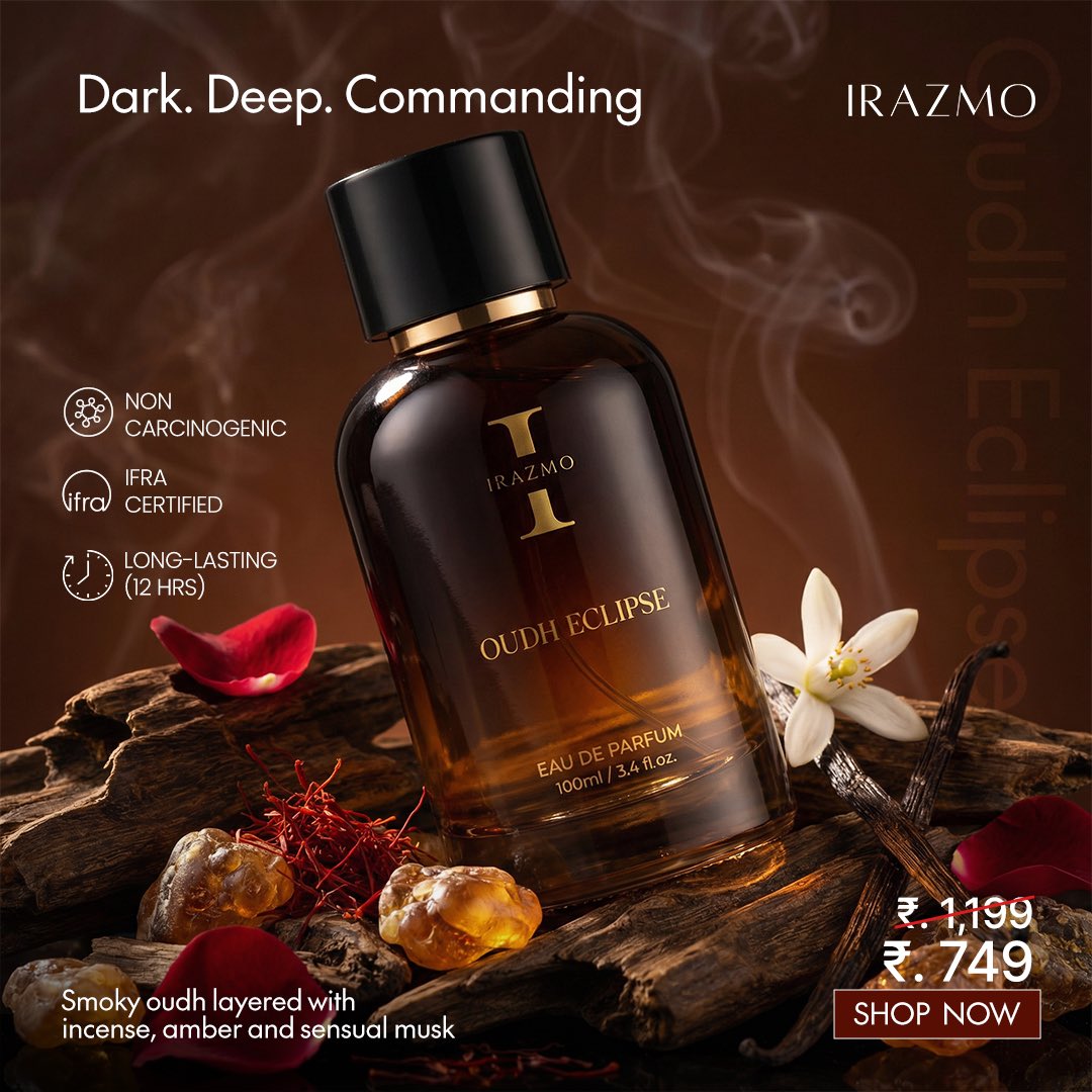 Irazmo_official's tweet photo. A deep, opulent fragrance that blends rich Oudh, Warm Spices and Smoky Woods into a scent that feels both powerful and mysterious. With layers of Saffron, Cinnamon, and Amber, it creates an intense, luxurious trail that captivates the senses. https://t.co/xYPwEjlCpz