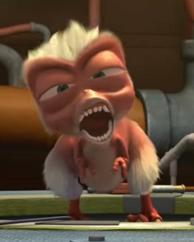 ArloScout's tweet image. This has gotta be the worst baby T. Rex design in animation media.

Like, just look at that ugly face! How does it even resemble a T. Rex at all!?

Don't mind the feathers, but he looks like a crack addict version of E.T who's been trapped inside a Jamster commercial!!

#Paleo