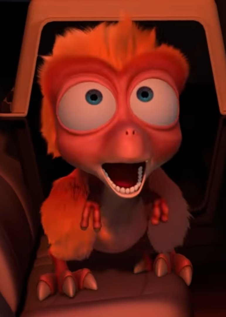 ArloScout's tweet image. This has gotta be the worst baby T. Rex design in animation media.

Like, just look at that ugly face! How does it even resemble a T. Rex at all!?

Don't mind the feathers, but he looks like a crack addict version of E.T who's been trapped inside a Jamster commercial!!

#Paleo